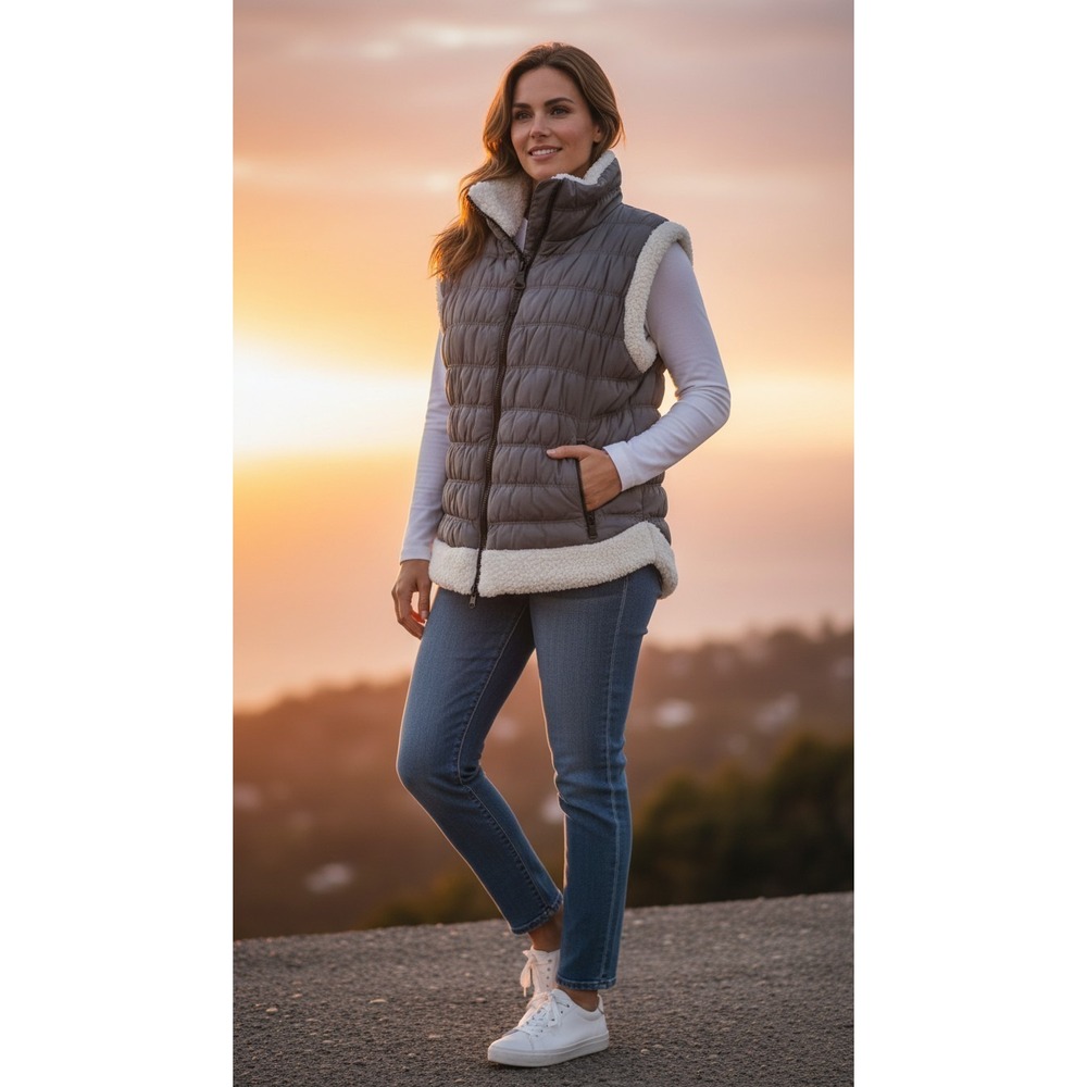 Calvin Klein Gray Quilted Puffer Vest Womens XL Sherpa Fleece Trim Gorpcore